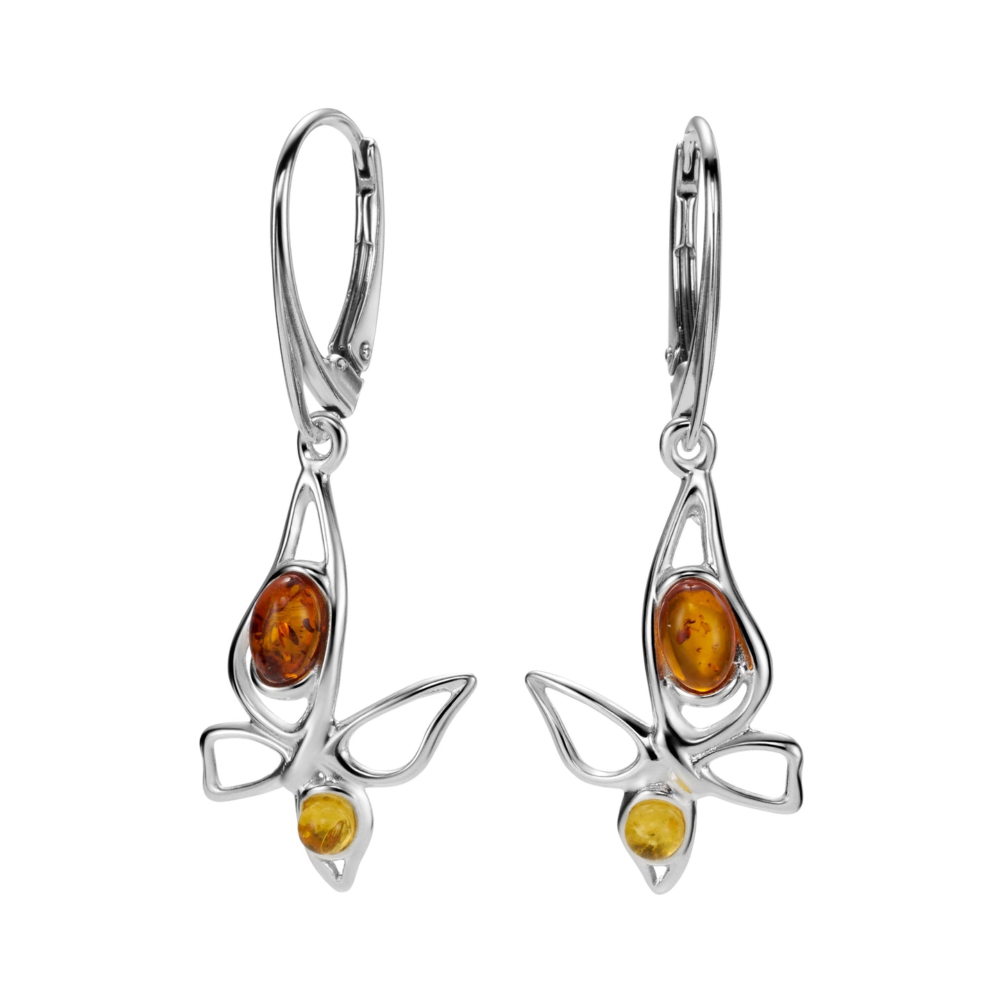 Silberohrringe Schmetterling mit Bernstein aus 925 Silber, mit Klappverschluss, 40 mm x 13 mm, Anlaufgeschützt