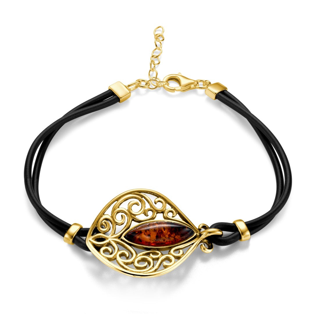 Ein vergoldetes Armband aus 925 Silber, mit Lederriemen, Anlaufgeschützt, Länge 18 cm - 22 cm