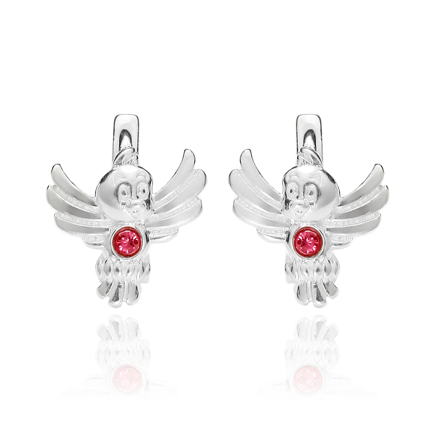 Ein Paar Kinderohrringe Vogel mit roten Zirkonia, 10 mm x 10 mm, aus 925 Silber, Anlaufgeschützt