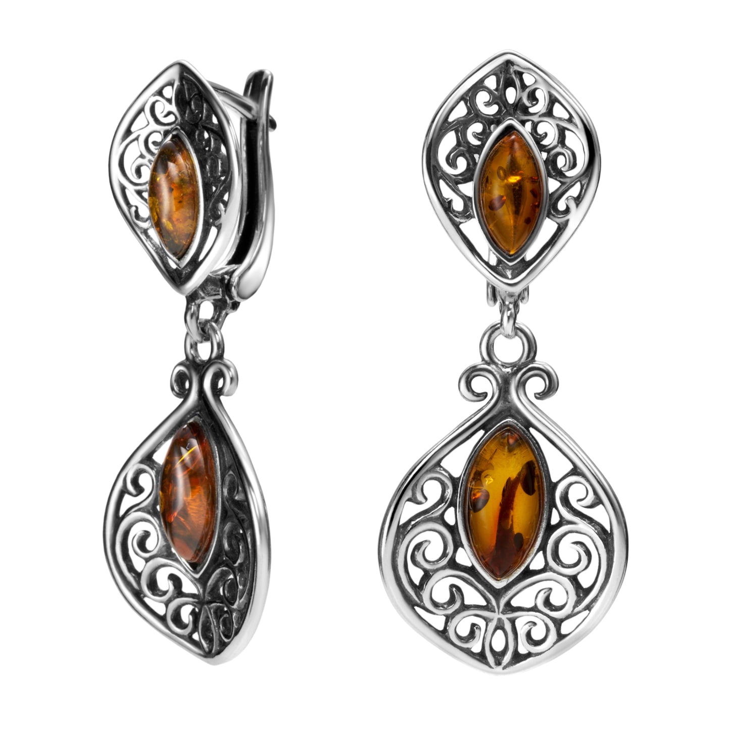 Rhodinierte Silberohrringe mit Bernstein, aus 925 Silber, englische Verschlüsse, 40 mm x 16 mm, Anlaufgeschützt