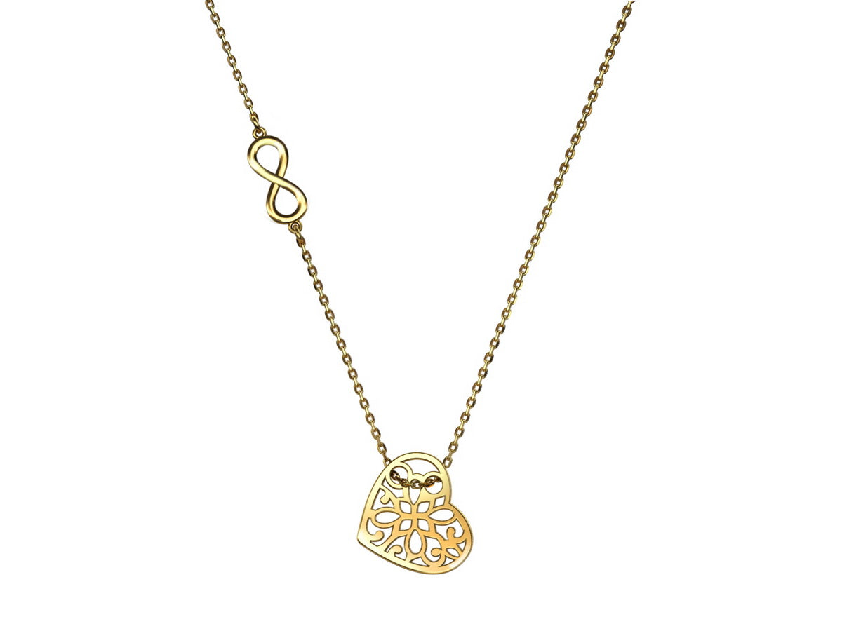 Vergoldete Ankerkette mit einem Herz- und Unendlichkeit Anhänger, aus 925 Silber, Anlaufgeschützt, Kettenbreite ca 1,5 mm, Länge 45+4 cm
