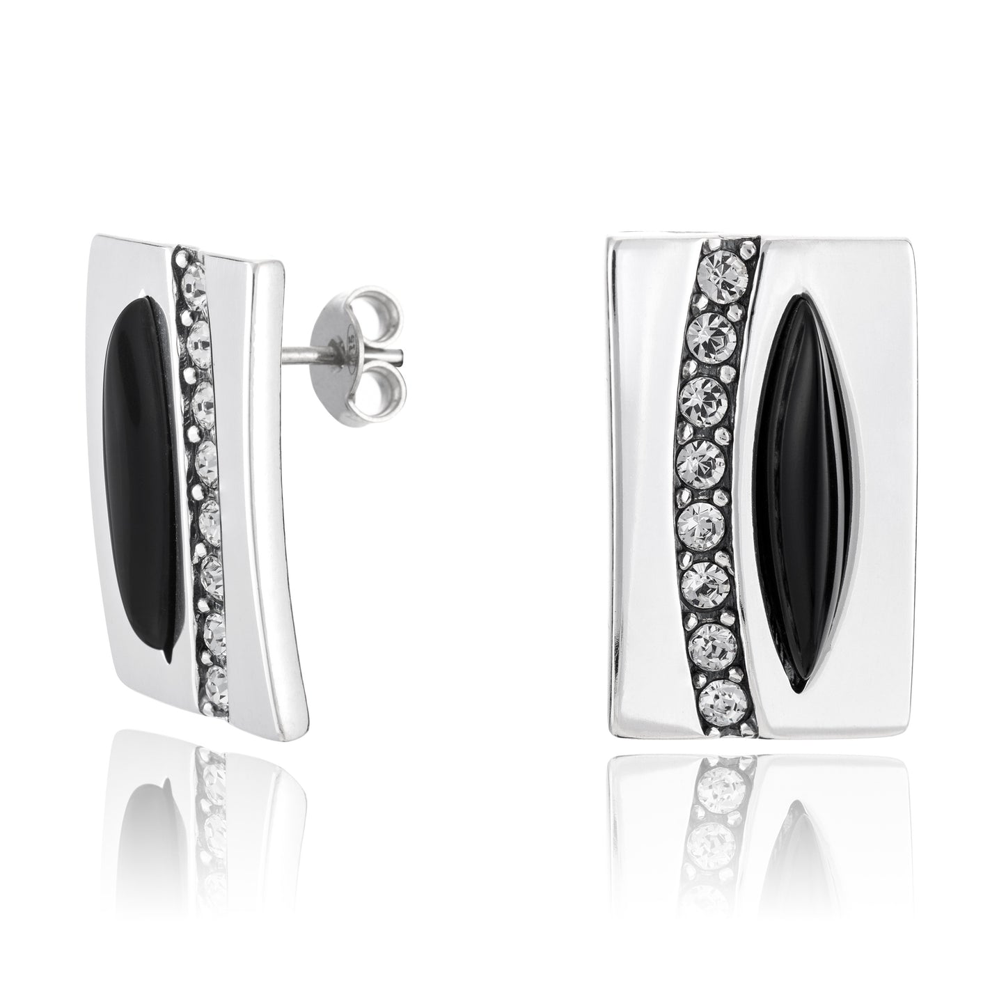 Silberohrringe mit Zirkonia und Onyx, Stecker, 20 mm x 8 mm, aus 925 Silber, Anlaufgeschützt