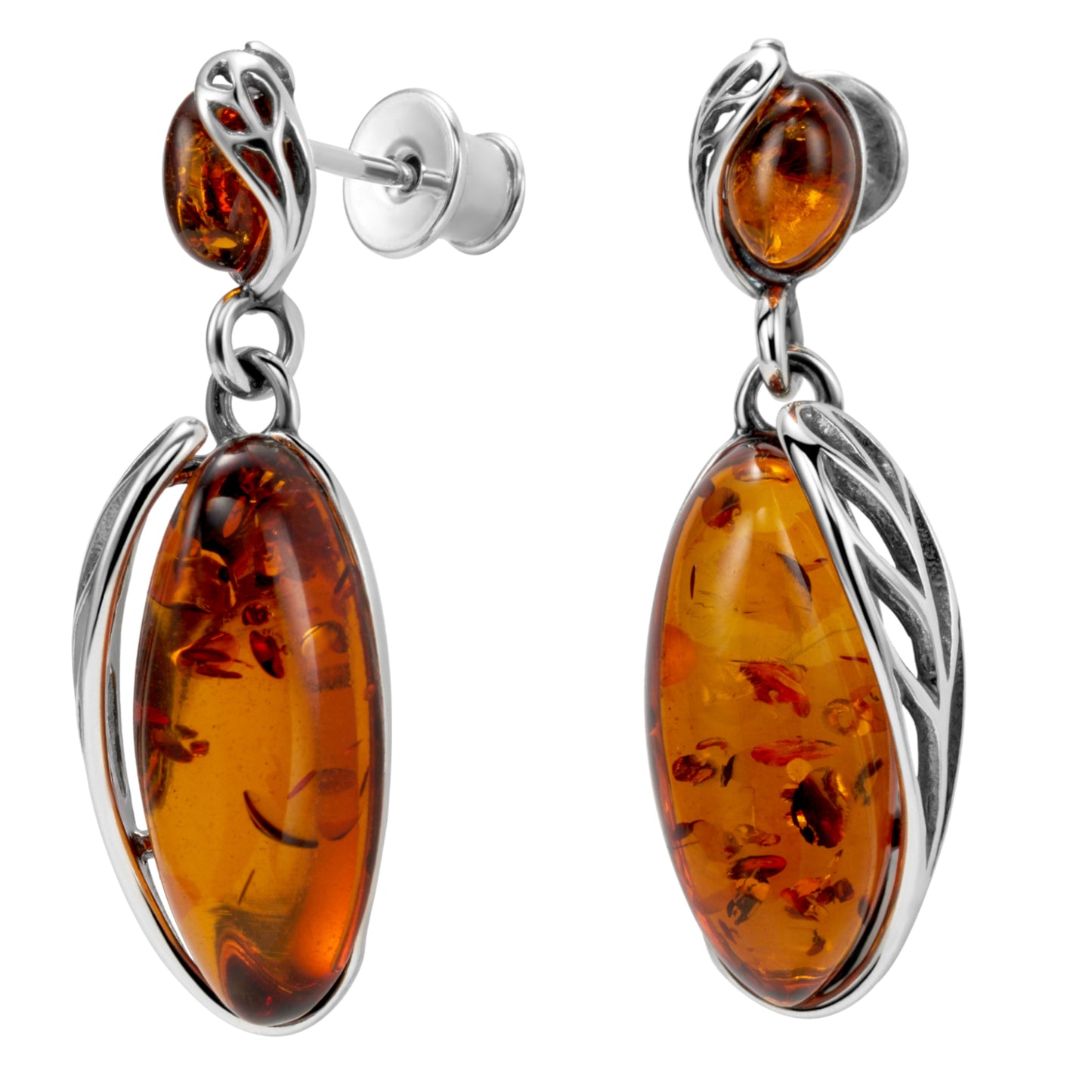 Silberohrringe mit Bernstein, Stecker aus 925 Silber, 28 mm x 10 mm, Anlaufgeschützt
