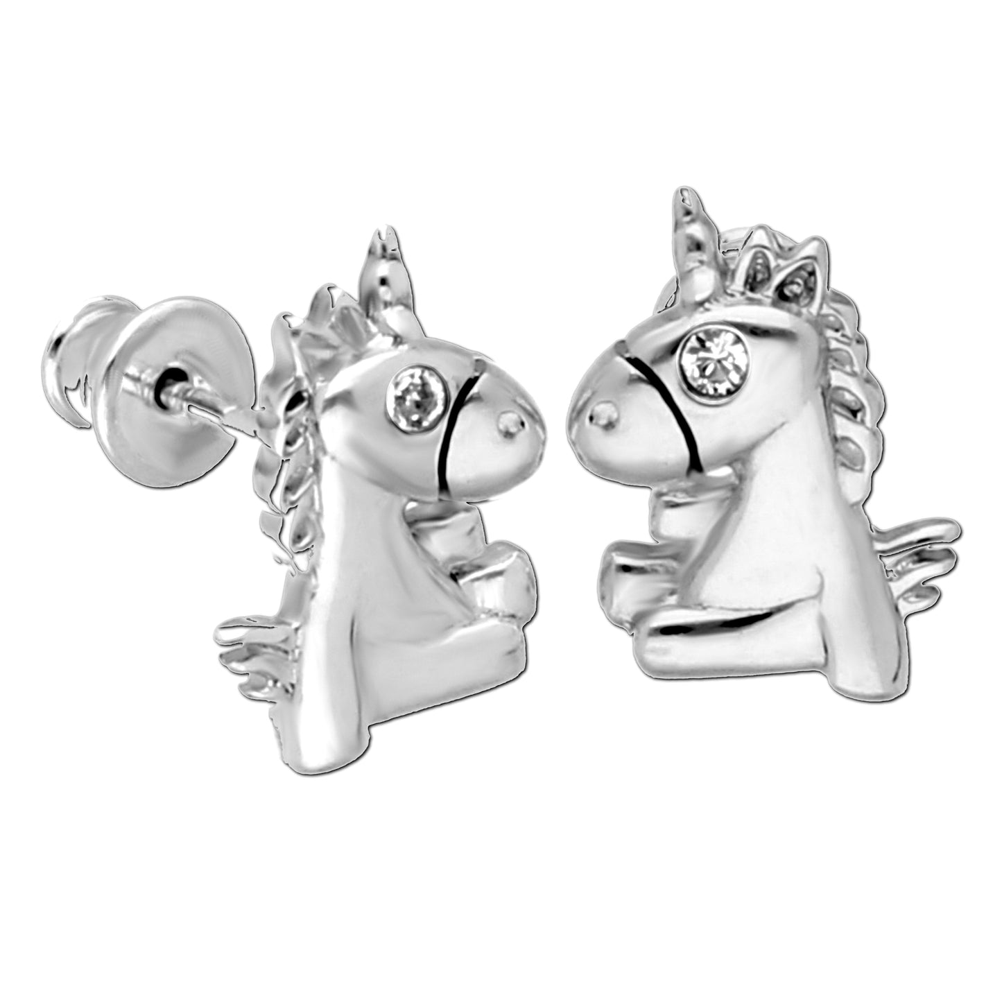 Ein Paar Kinderohrringe "Einhorn" mit klarem Zirkonia, aus 925 Silber, 6 mm x 8 mm, Anlaufgeschützt