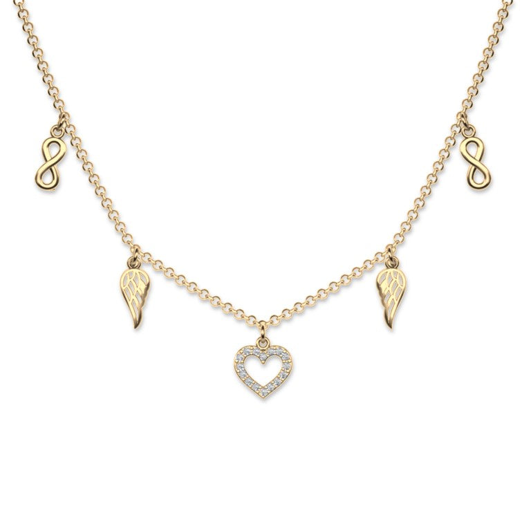 Vergoldete Ankerkette mit 5 kleinen Anhänger -Herz, Flügel und Unendlichkeit, aus 925 Silber, Anlaufgeschützt, Breite ca 0,6 mm, Länge 40+3 cm