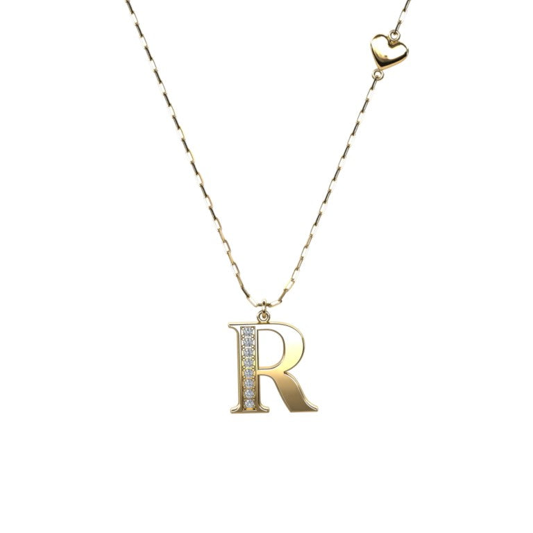 Vergoldete Ankerkette mit einem Buchstaben "R"-Anhänger und einem kleinen Herz, aus 925 Silber, Breite ca. 1 mm, Länge 42 + 3 cm