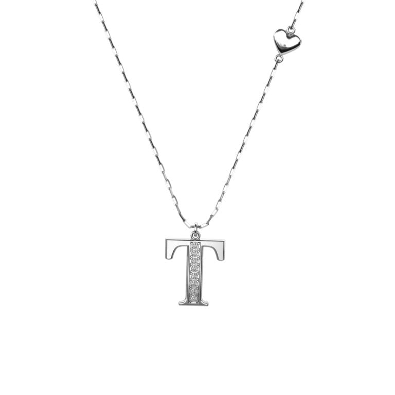 Ankerkette mit einem Buchstaben "T"-Anhänger und einem kleinen Herz, aus 925 Silber, Breite ca. 1 mm, Länge 42 + 3 cm