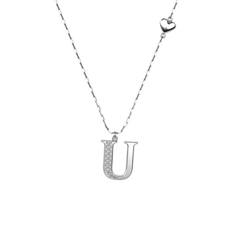 Ankerkette mit einem Buchstaben "U"-Anhänger und einem kleinen Herz, aus 925 Silber, Breite ca. 1 mm, Länge 42 + 3 cm