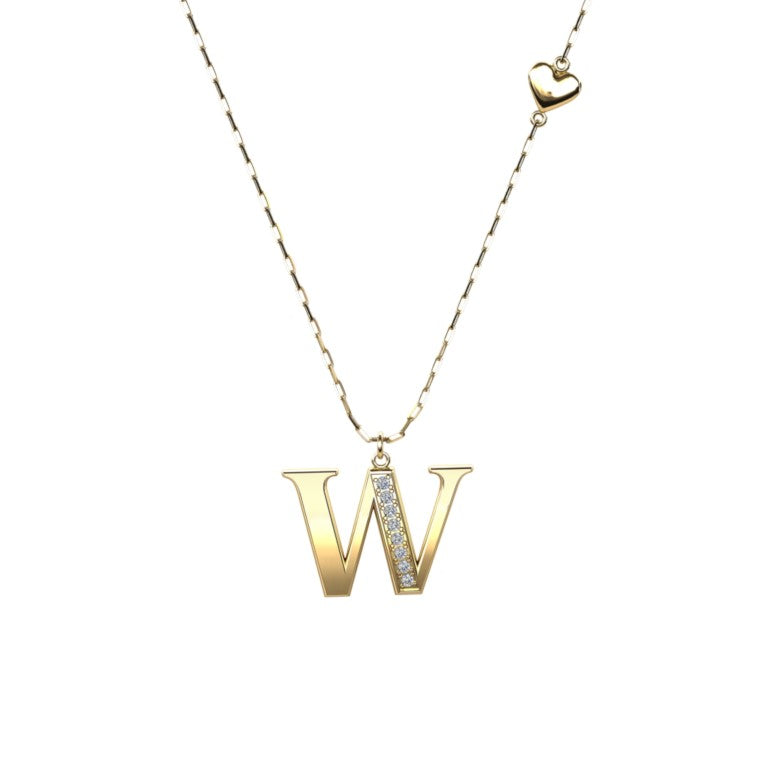 Vergoldete Ankerkette mit einem Buchstaben "W"-Anhänger und einem kleinen Herz, aus 925 Silber, Breite ca. 1 mm, Länge 42 + 3 cm