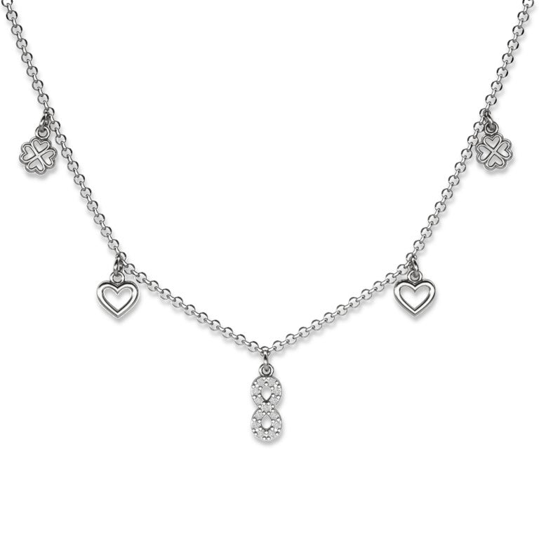 Ankerkette mit 5 kleinen Anhänger - Unendlichkeit Herz Klee, aus 925 Silber, Anlaufgeschützt, Breite ca 0,6 mm, Länge 38 + 4 cm cm