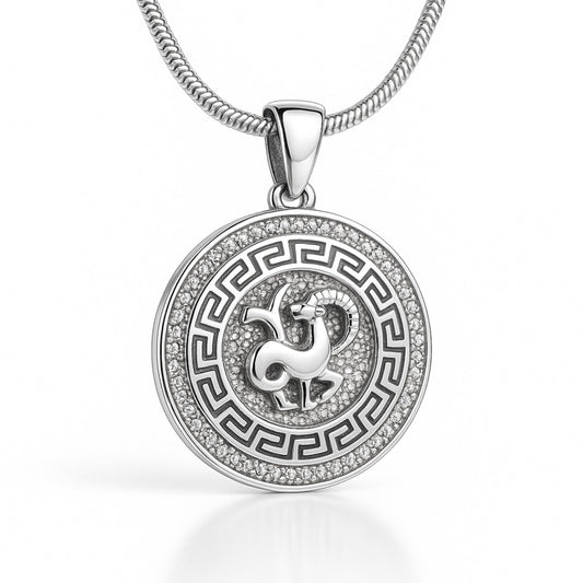 Ein Sternzeichenanhänger Steinbock, aus 925 Silber, Anlaufgeschützt, Durchmesser ca.  (ohne Kette)