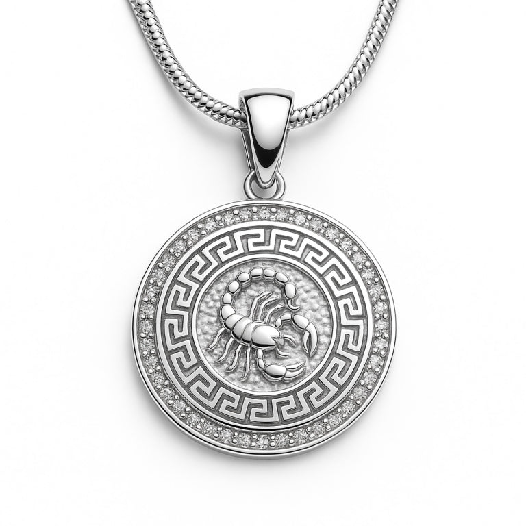 Ein Sternzeichenanhänger Skorpion, aus 925 Silber, Anlaufgeschützt, Durchmesser ca.  (ohne Kette)