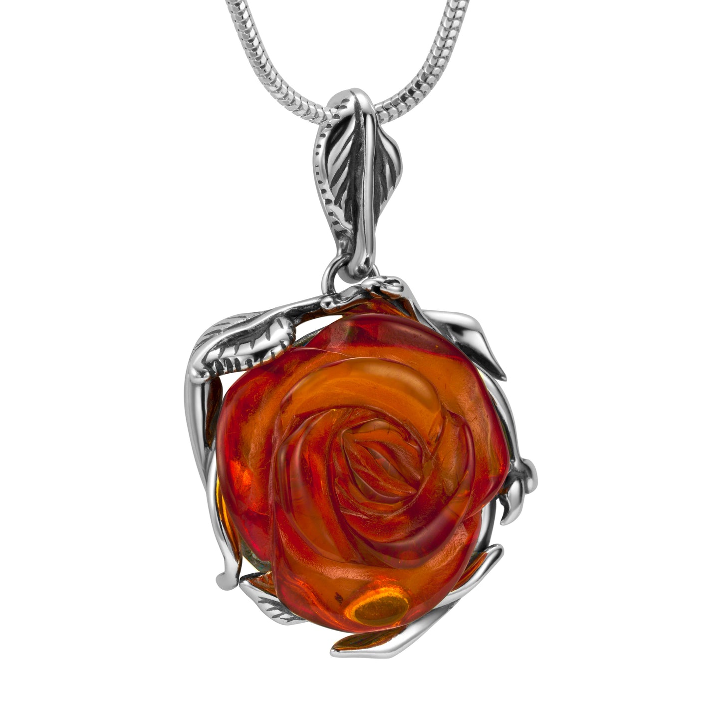 Ein Rosenblüte Silberanhänger mit Bernstein, Größe 34 mm x 21 mm, (ohne Kette)