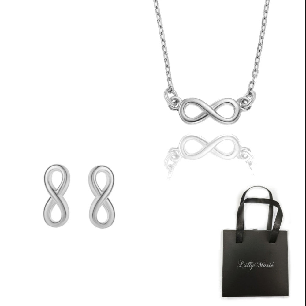 Feine Kette mit rundem Infinity-Anhänger und Ohrringe mit Geschenkverpackung für Vitrine/Geschenkläden