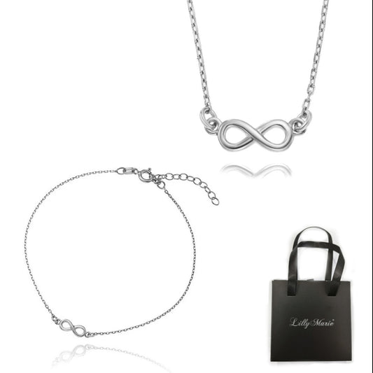 Feine Kette mit rundem Infinity-Anhänger und Armband mit Geschenkverpackung für Vitrine/Geschenkläden
