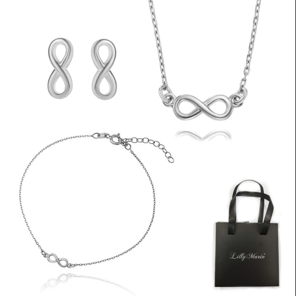 Feine Kette mit rundem Infinity-Anhänger mit Ohrringen und Armband mit Geschenkverpackung für Vitrine/Geschenkläden