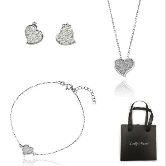 Silberkette mit Herzanhänger, Armband und Ohrringe mit Verpackung für Vitrine/Geschenkläden