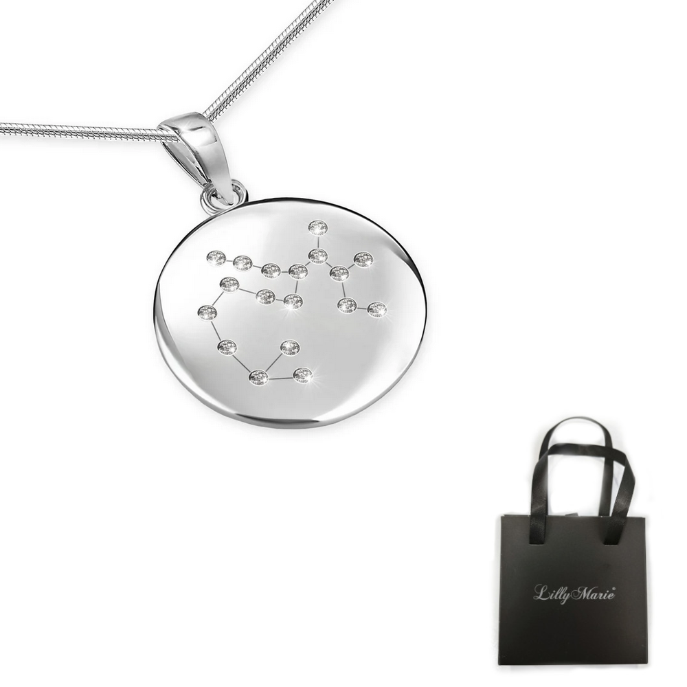Eine Silberkette mit Sternzeichen Schütze-Anhänger und Armband mit Verpackung für Vitrine/Geschenkläden