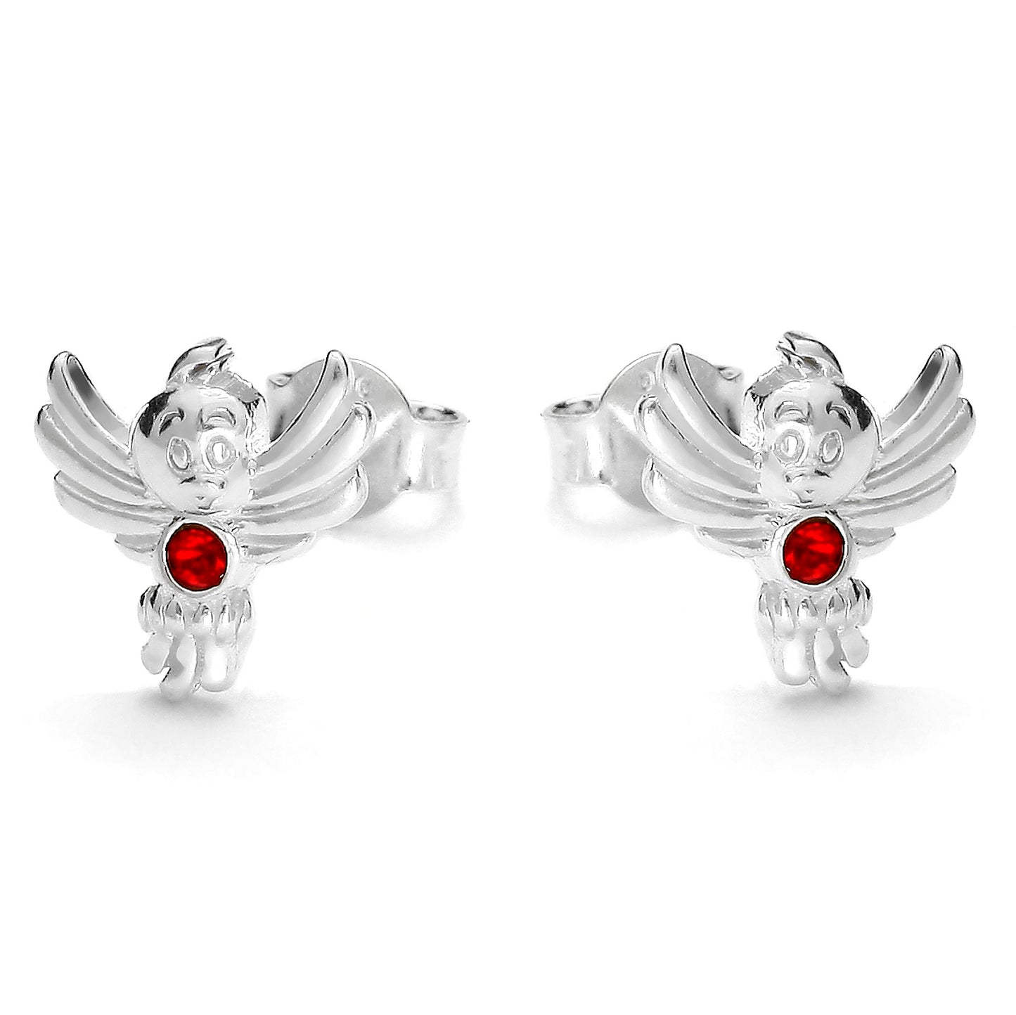 Ein Paar Kinderohrringe Vogel mit rotem Zirkonia, aus 925 Silber, 10mm x 10mm, Anlaufgeschützt