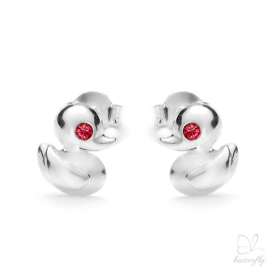 Kinderohrringe Ente mit roten Zirkonia, aus 925 Silber, 9mm x 7mm, Anlaufgeschützt