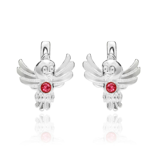 Ein Paar Kinderohrringe Vogel mit roten Zirkonia, 10 mm x 10 mm, aus 925 Silber, Anlaufgeschützt