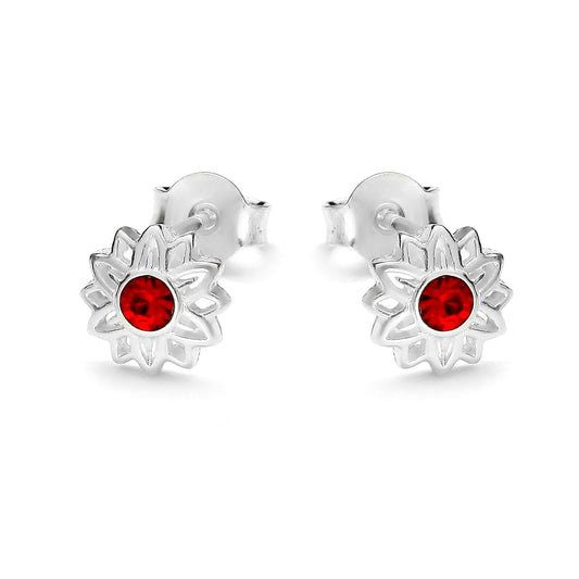 Ein Paar Kinderohrringe Sonnenblumen mit roten Zirkonia, aus 925 Silber, 7 mm, Anlaufgeschützt