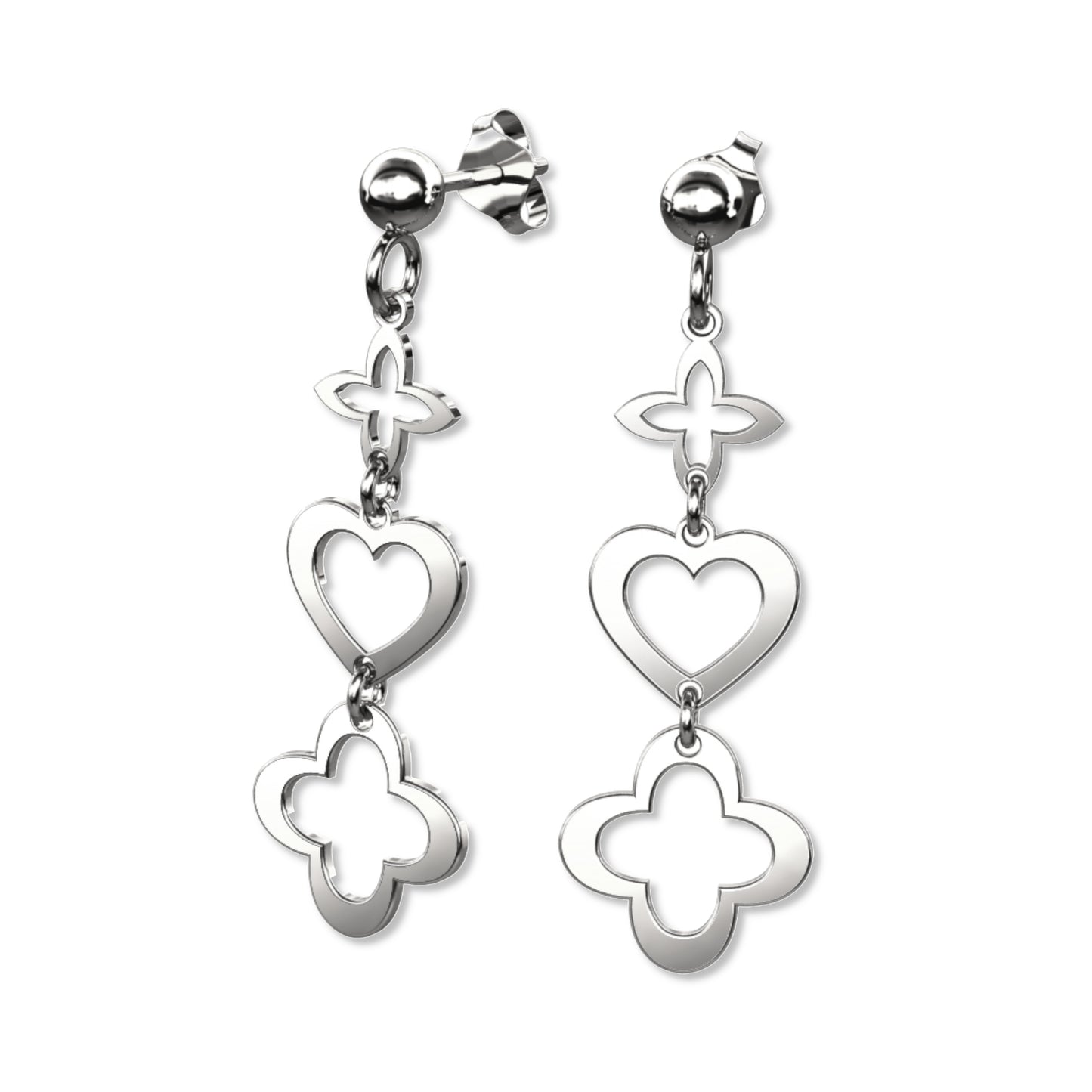 Silberohrringe , Kleeblatt und Herz, Stecker, aus 925 Silber, rhodiniert, Anlaufgeschützt