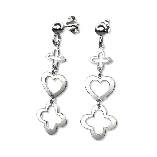 Silberohrringe , Kleeblatt und Herz, Stecker, aus 925 Silber, rhodiniert, Anlaufgeschützt