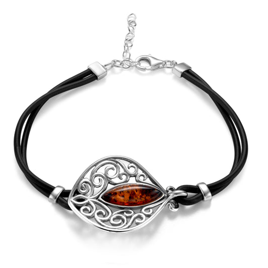 Ein rhodiniertes Armband aus 925 Silber, mit Lederriemen, Anlaufgeschützt, Länge 18 cm - 22 cm