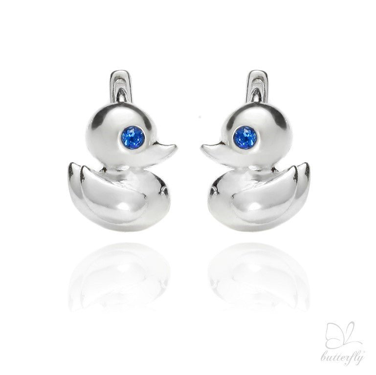 Kinderohrringe Ente mit blauen Zirkonia, 12mm x 9mm, aus 925 Silber, Anlaufgeschützt