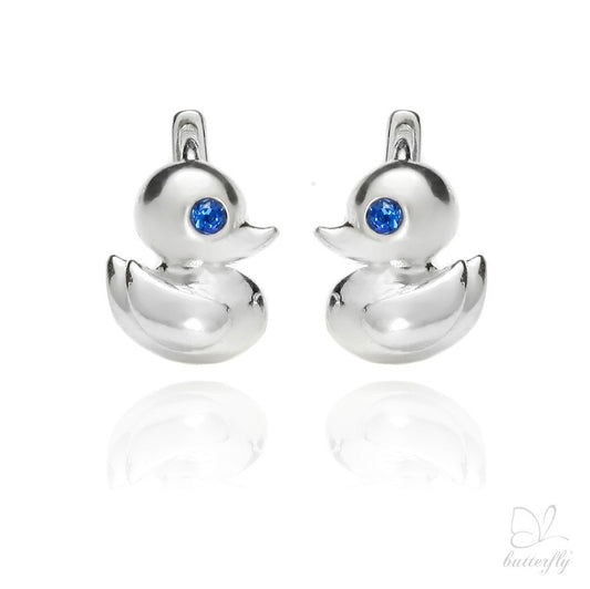 Kinderohrringe Ente mit blauen Zirkonia, 12mm x 9mm, aus 925 Silber, Anlaufgeschützt