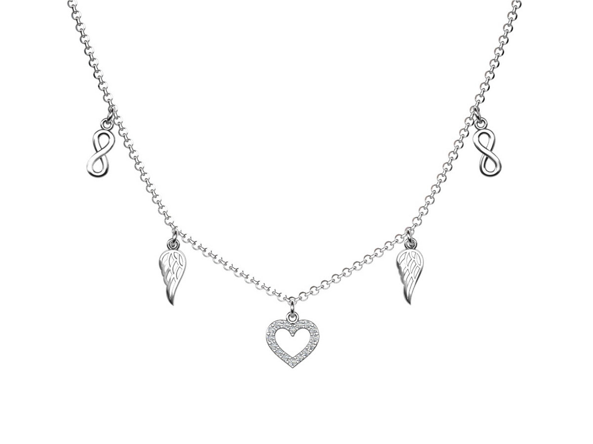 Eine rhodinierte Ankerkette mit Flügel, Herz und Ewigkeit-Anhängern, aus 925 Silber, Anlaufgeschützt, Breite ca 0,6 mm, Länge 40+3 cm