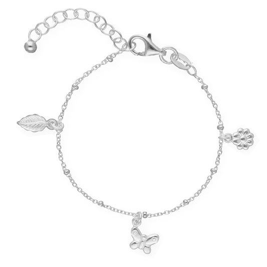 Ein Kinderarmband mit Blume-, Schmetterling- und Blattanhänger, aus 925 Silber, Anlaufgeschützt Breite mm, Länge 13-16 cm