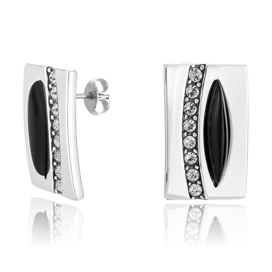Silberohrringe mit Zirkonia und Onyx, Stecker, 20 mm x 8 mm, aus 925 Silber, Anlaufgeschützt