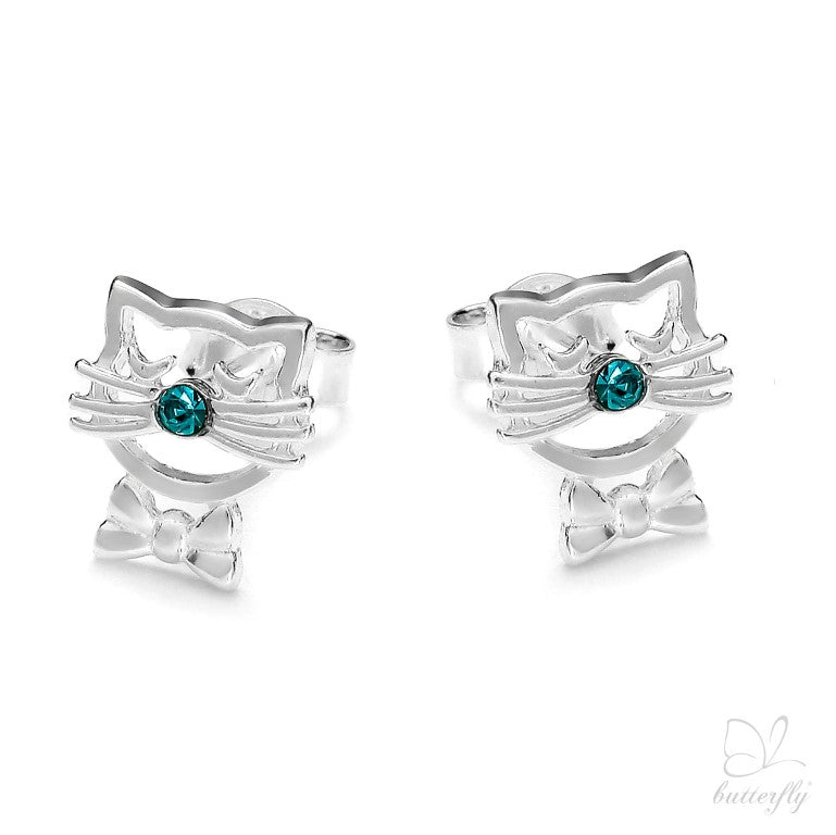 Ein Paar Kinderohrringe Katzen mit türkisem Zirkonia, aus 925 Silber, 9 mm x 7 mm, Anlaufgeschützt
