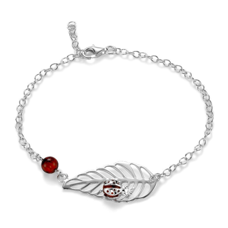 Ein Marienkäfer-Bernsteinarmband aus 925 Silber, Anlaufgeschützt, Länge 18 cm - 21 cm