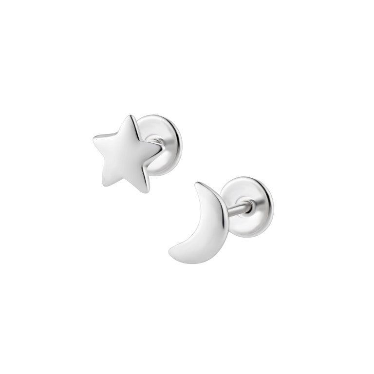 Ein Paar Kinderohrringe Mond Stern, Stecker, 7mm x 7mm, aus 925 Silber, Anlaufgeschützt