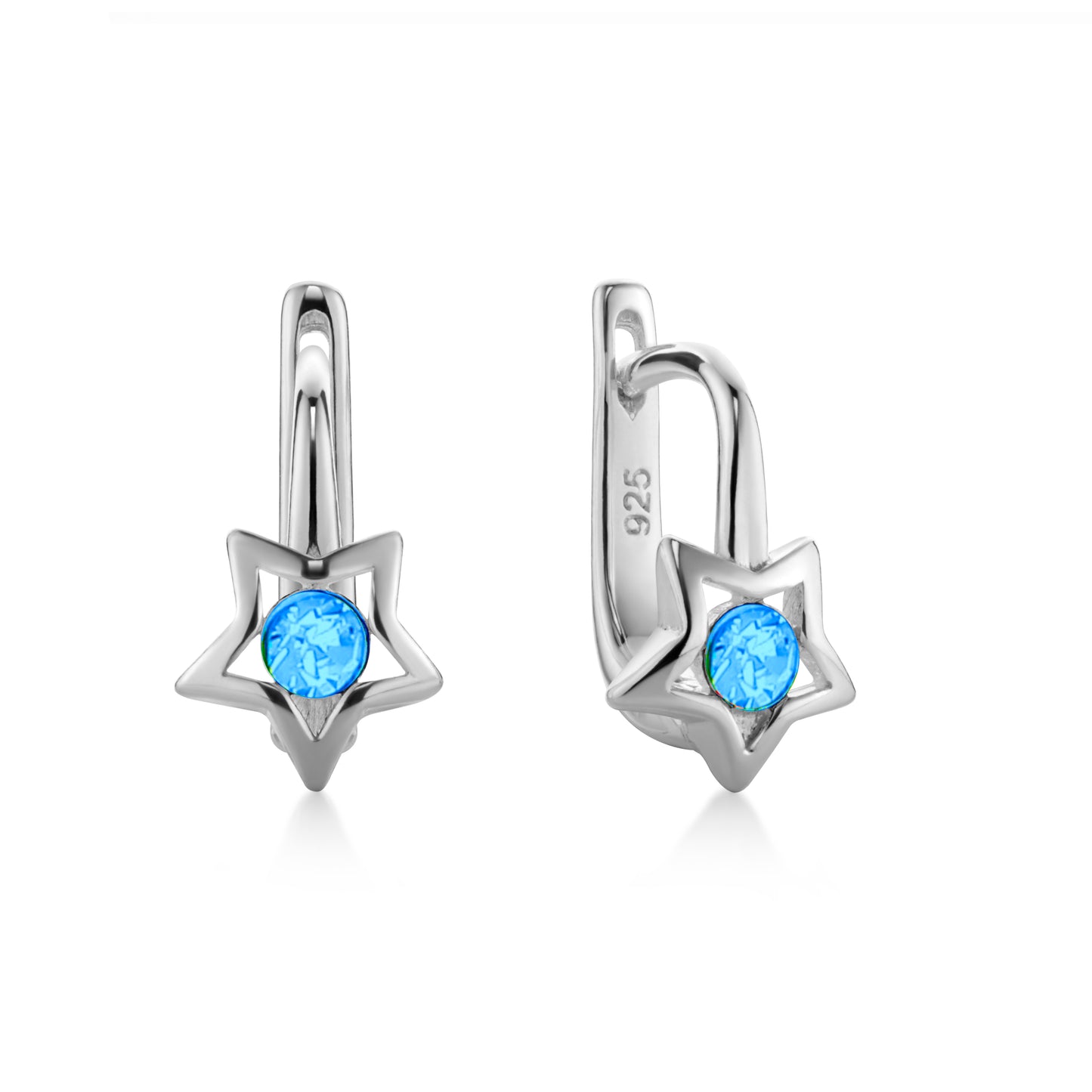 Ein Paar Kinderohrringe Sterne mit hellblauem Zirkonia, aus 925 Silber, 12 mm x 6 mm, Anlaufgeschützt