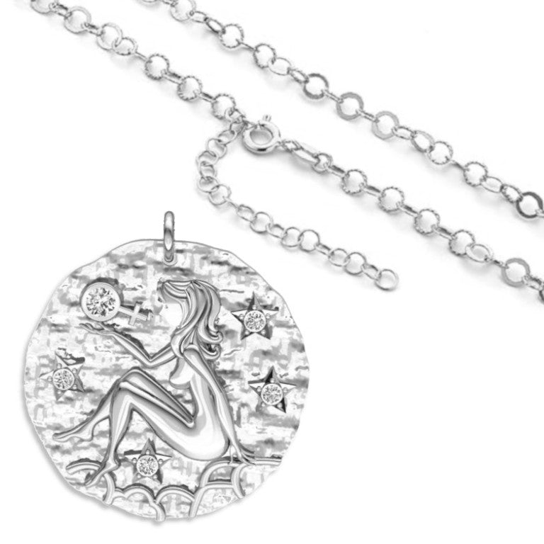 Rhodinierte breite Kette mit einem Sternzeichen Jungfrau-Anhänger, aus 925 Silber, Breite ca 4,5 mm, Länge 42 + 8 cm