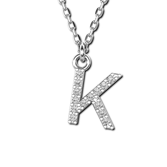 Ankerkette mit Buchstaben-Anhänger "K", aus 925 Silber, rhodiniert, Breite ca 1 mm, Länge 42 + 3 cm