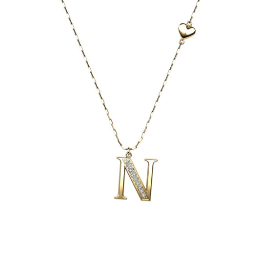 Vergoldete Ankerkette mit einem Buchstaben "N"-Anhänger und einem kleinen Herz, aus 925 Silber, Breite ca. 1 mm, Länge 42 + 3 cm
