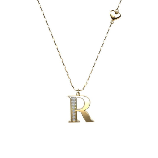 Vergoldete Ankerkette mit einem Buchstaben "R"-Anhänger und einem kleinen Herz, aus 925 Silber, Breite ca. 1 mm, Länge 42 + 3 cm