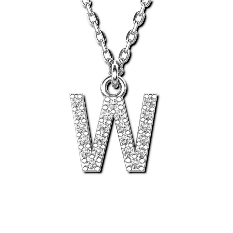 Ankerkette mit Buchstaben-Anhänger "W", aus 925 Silber, rhodiniert, Breite ca 1 mm, Länge 42 + 3 cm