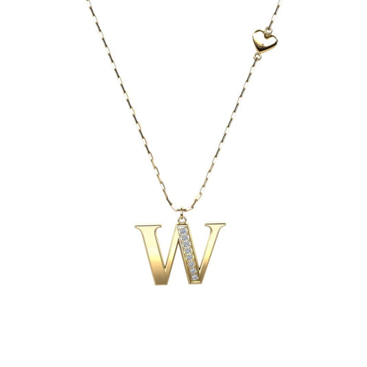 Vergoldete Ankerkette mit einem Buchstaben "W"-Anhänger und einem kleinen Herz, aus 925 Silber, Breite ca. 1 mm, Länge 42 + 3 cm