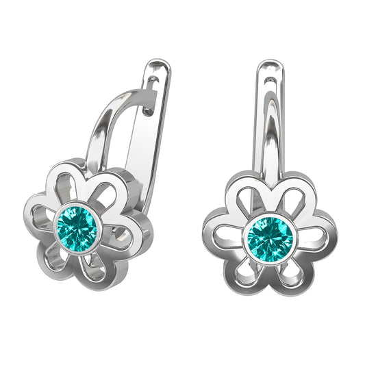 Ein Paar Kinderohrringe Blumen mit türkisen Zirkonia, aus 925 Silber, 12 mm x 6 mm, Anlaufgeschützt
