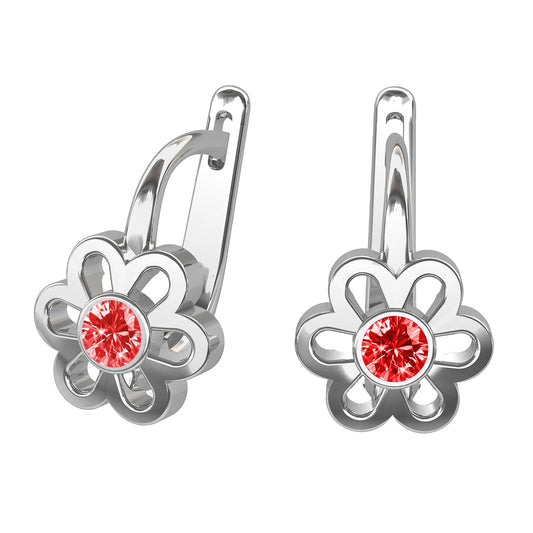 Ein Paar Kinderohrringe Blumen mit roten Zirkonia, aus 925 Silber, 12 mm x 6 mm, Anlaufgeschützt