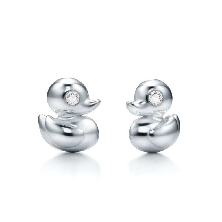 Kinderohrringe Ente mit klaren Zirkonia, aus 925 Silber, 9mm x 7mm, Anlaufgeschützt