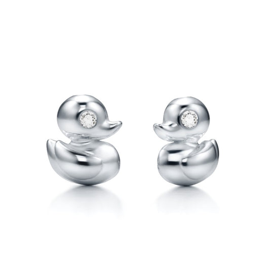 Kinderohrringe Ente mit klaren Zirkonia, aus 925 Silber, 9mm x 7mm, Anlaufgeschützt
