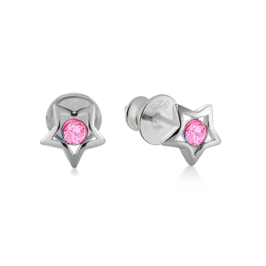Ein Paar Kinderohrringe Sterne mit pinkem Zirkonia, aus 925 Silber, 5 mm, Anlaufgeschützt