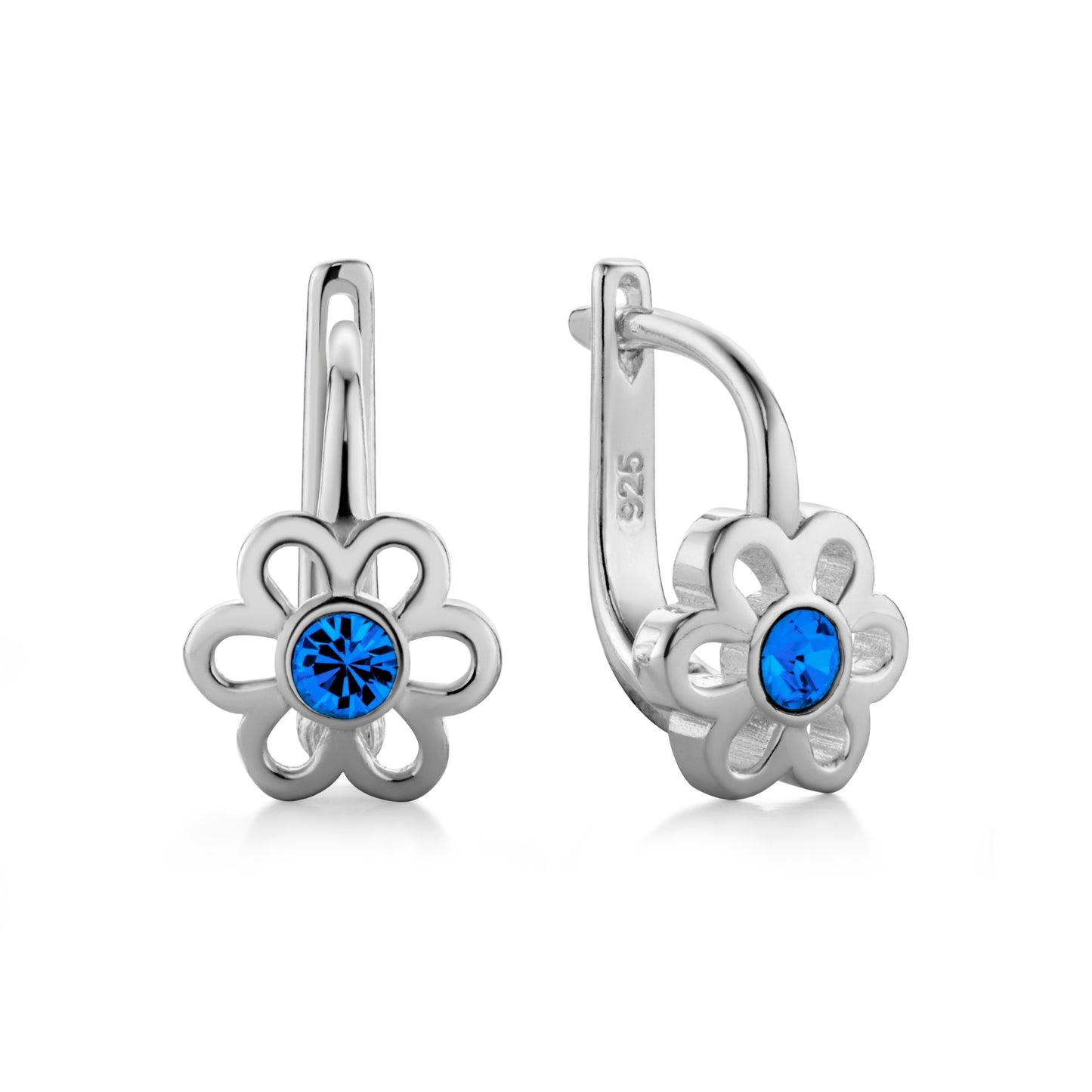 Ein Paar Kinderohrringe Blumen mit blauem Zirkonia, aus 925 Silber, 12 mm x 6 mm, Anlaufgeschützt